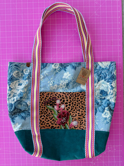 Blue Floral applique Tote Bag