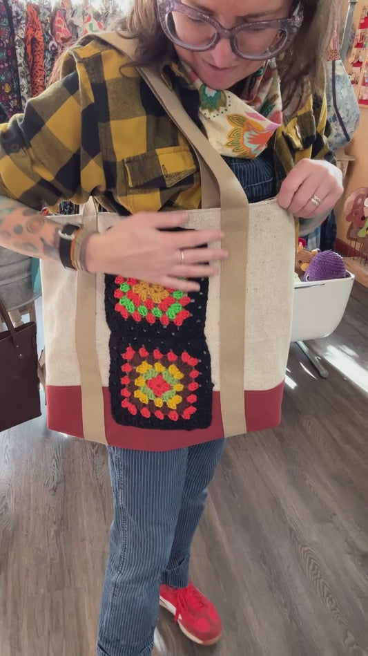 Brown/Orange Granny Square Tote Bag
