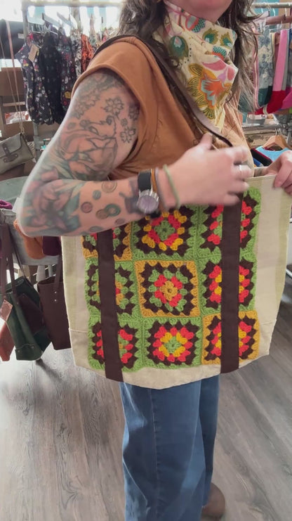 Green Granny Square Tote Bag